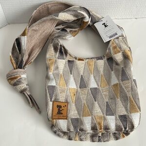 New Hope Girls fabric hobo bag.  Gold/Gray/White/Beige.  NWT